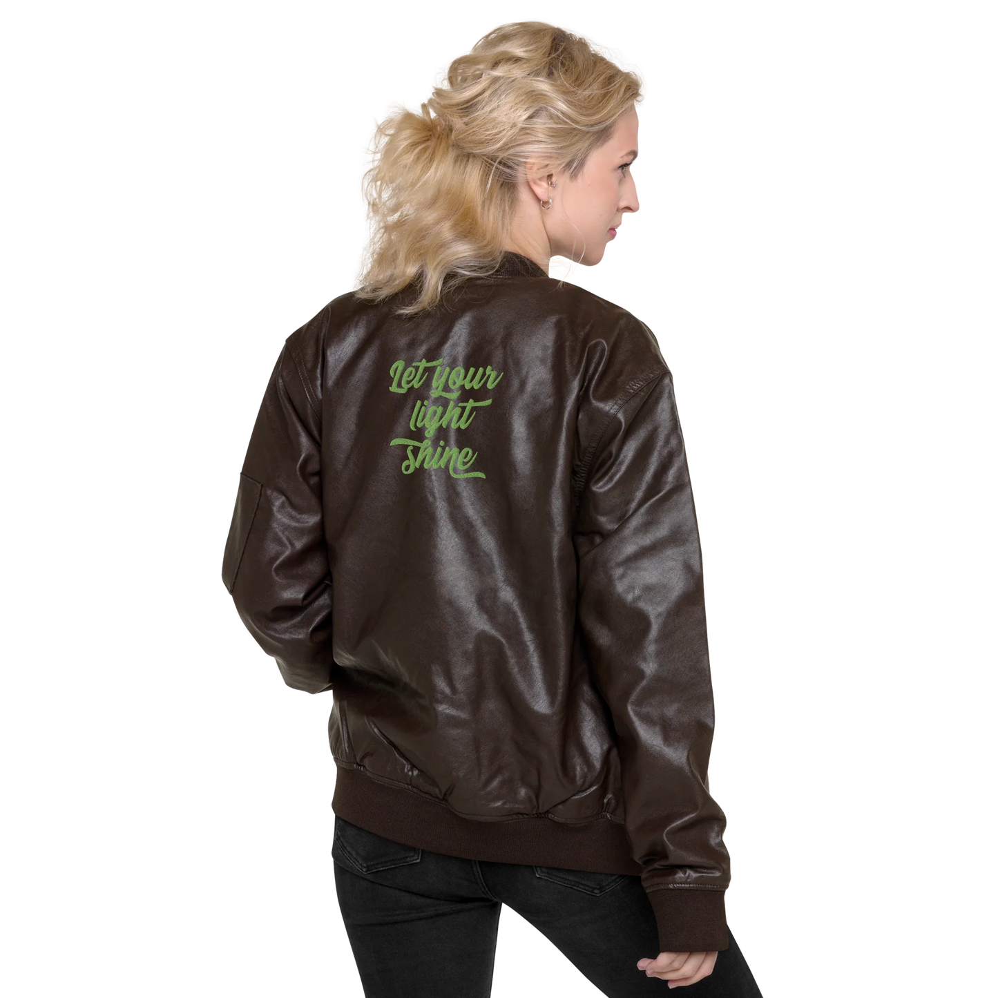 Let Your Light Shine Embroidered Faux Leather Bomber Jacket