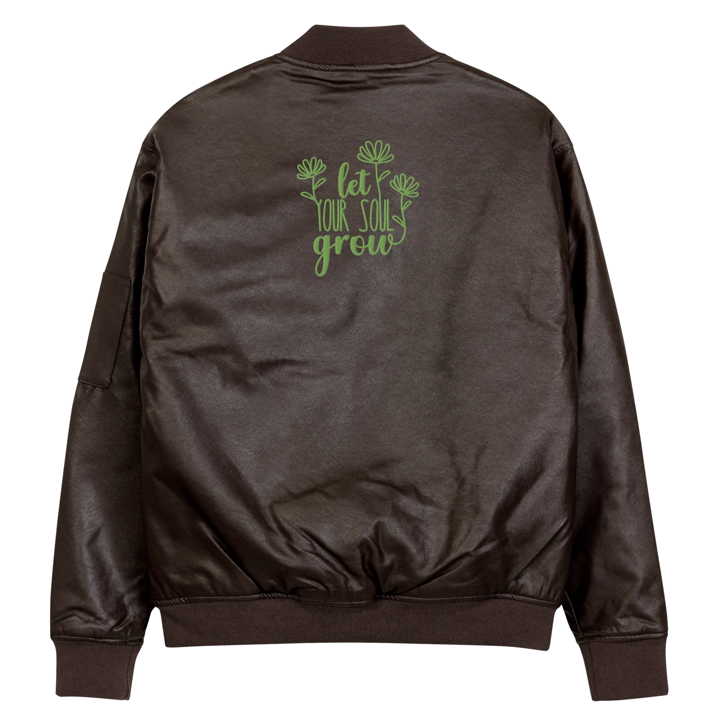 Let Your Soul Grow Embroidered Faux Leather Bomber Jacket