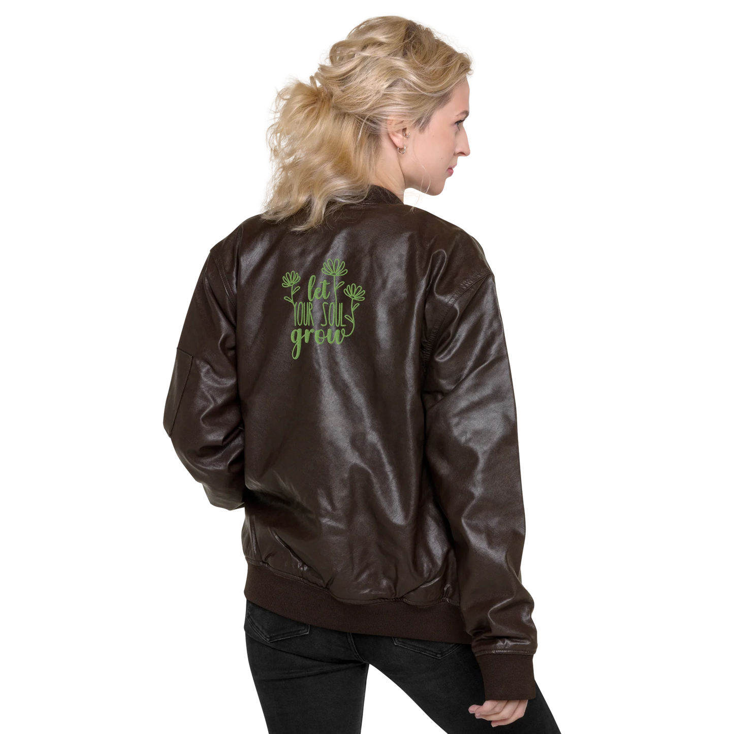 Let Your Soul Grow Embroidered Faux Leather Bomber Jacket