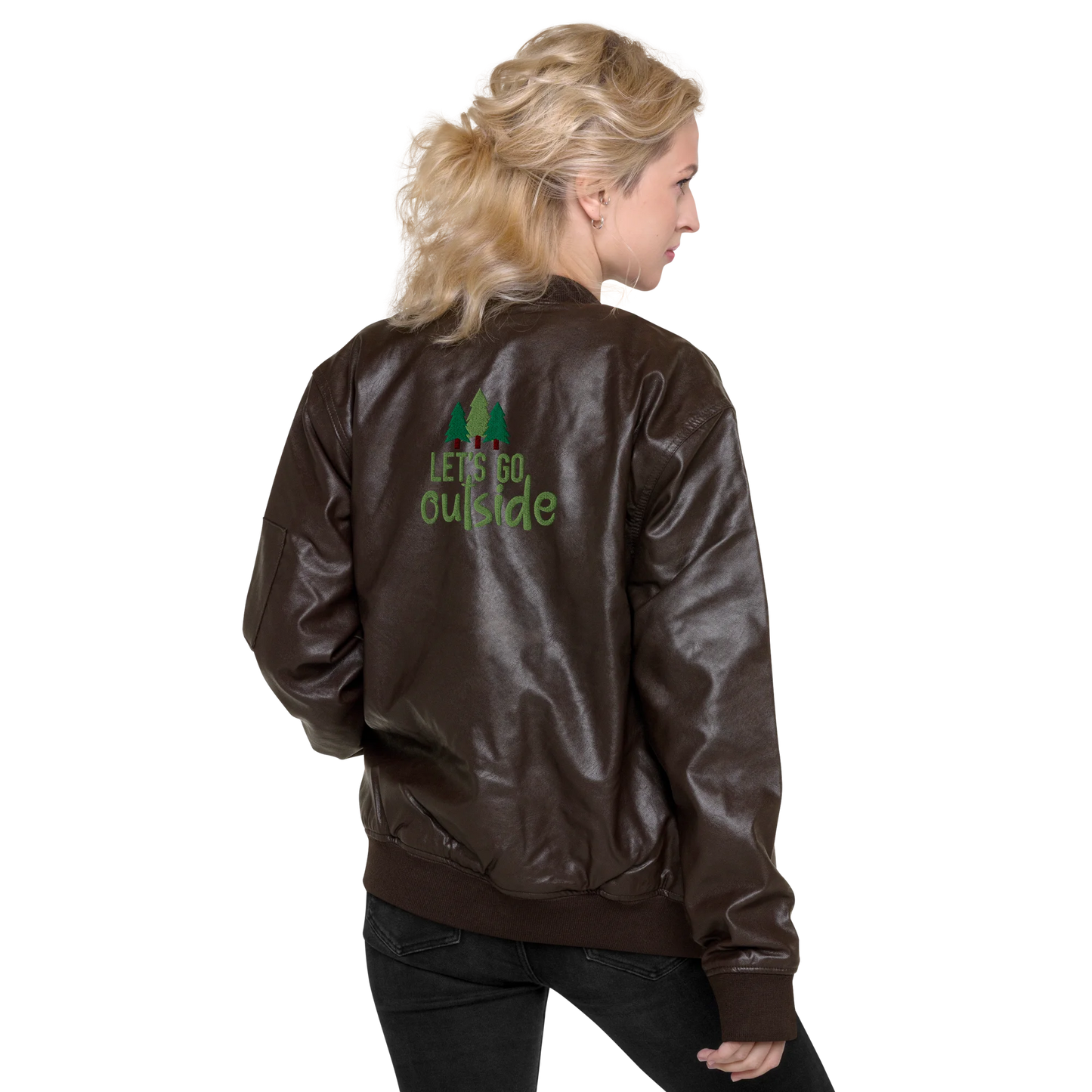 Let's Go Outside Embroidered Faux Leather Bomber Jacket