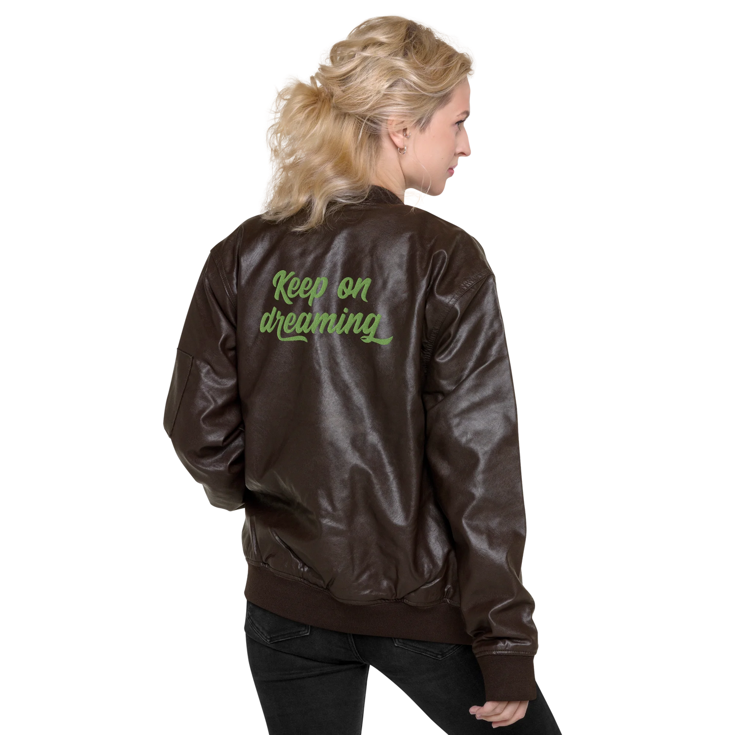 Keep On Dreaming Embroidered Faux Leather Bomber Jacket