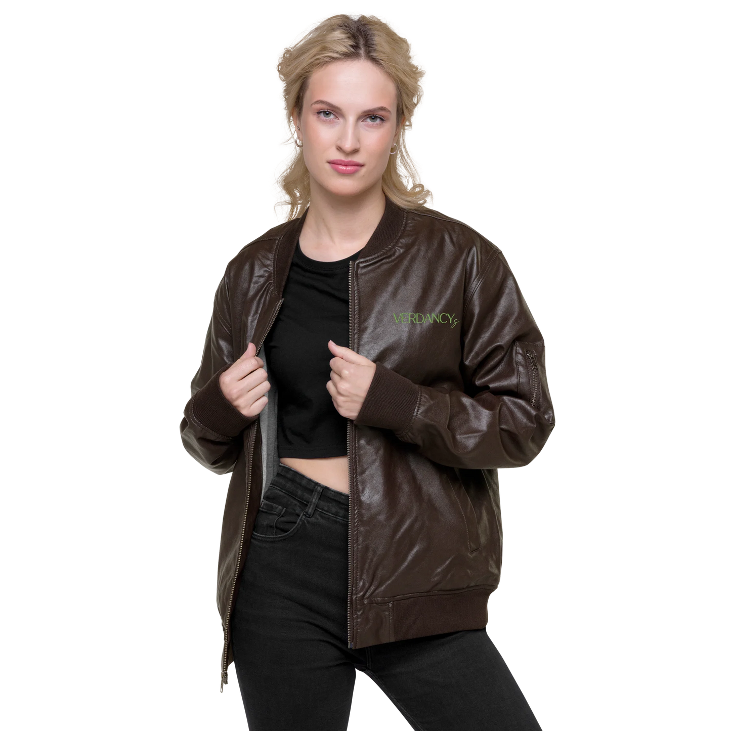 Just Bloom Embroidered Faux Leather Bomber Jacket