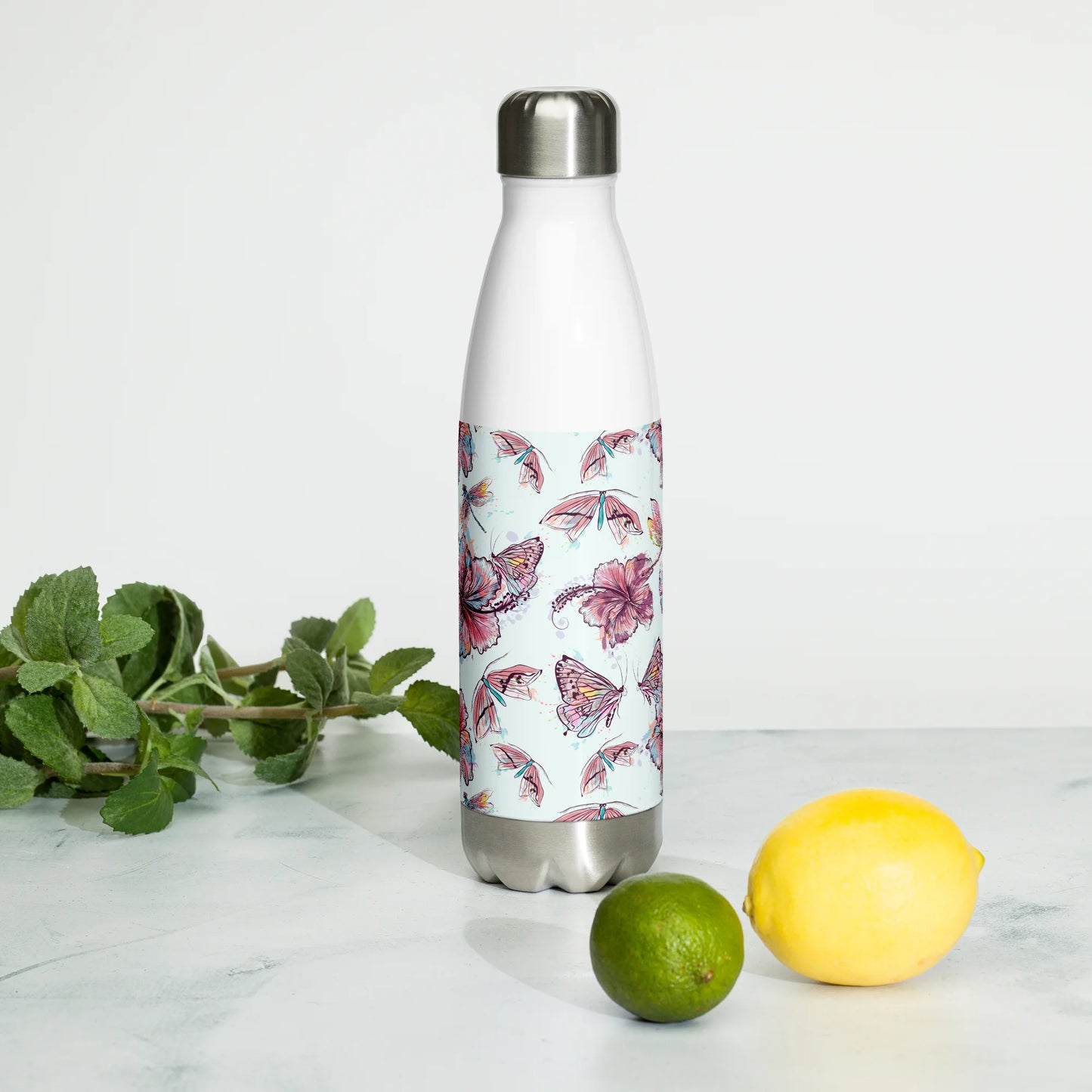 Sophisticated Hibiscus Ornament Stainless Steel Water Bottle