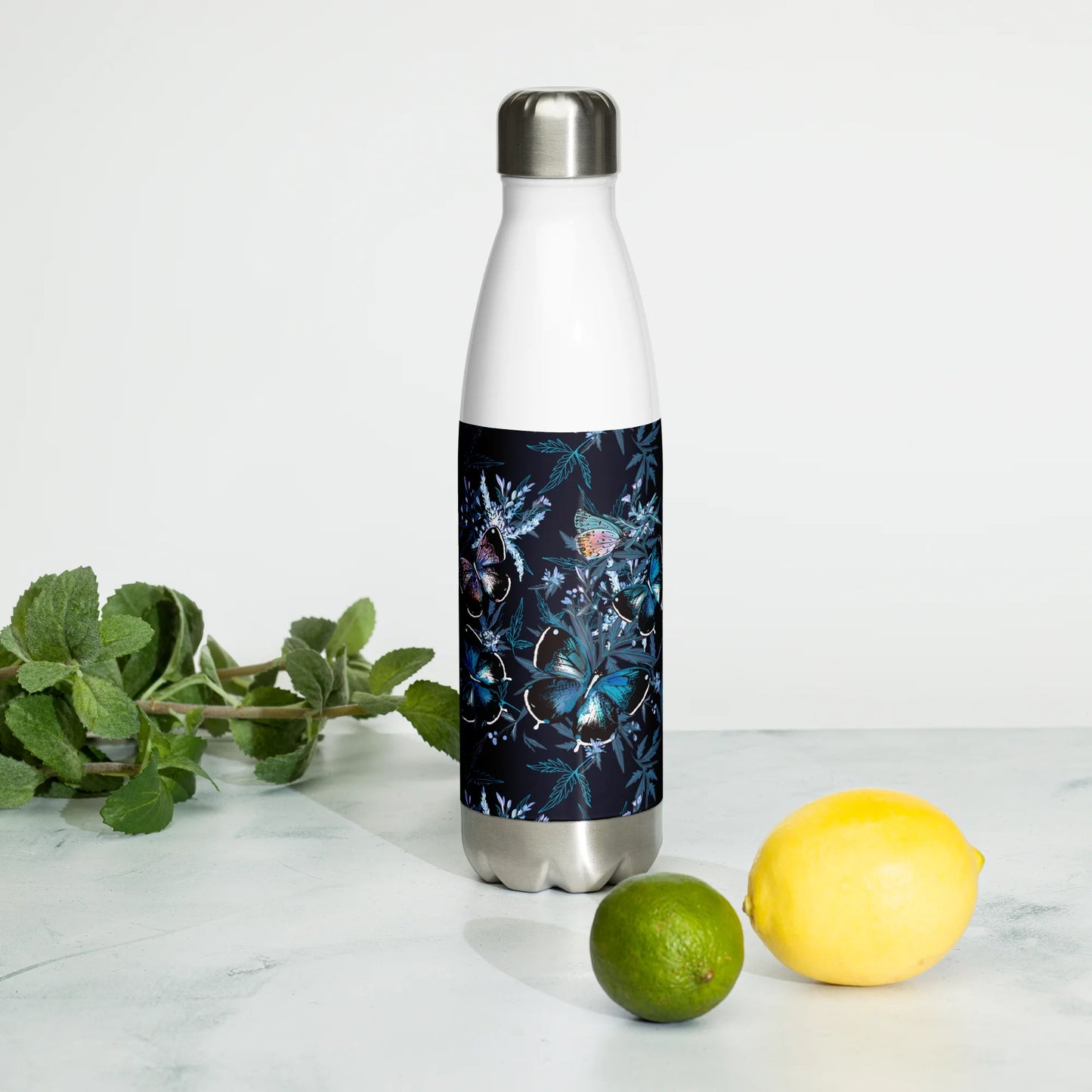 Night Flight of Blue Butterflies Stainless Steel Water Bottle